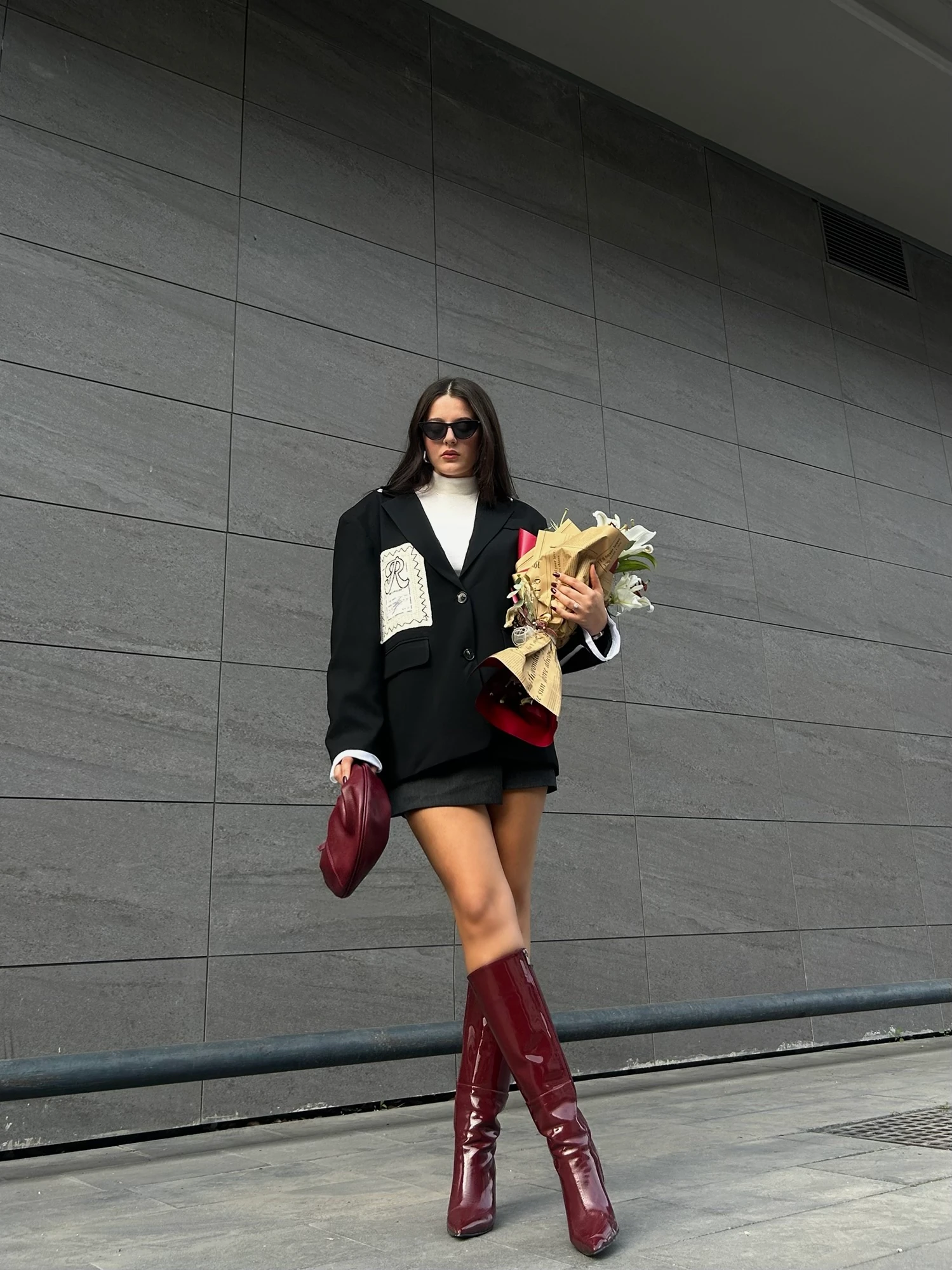 Siyah baskılı işlemeli blazer ceket