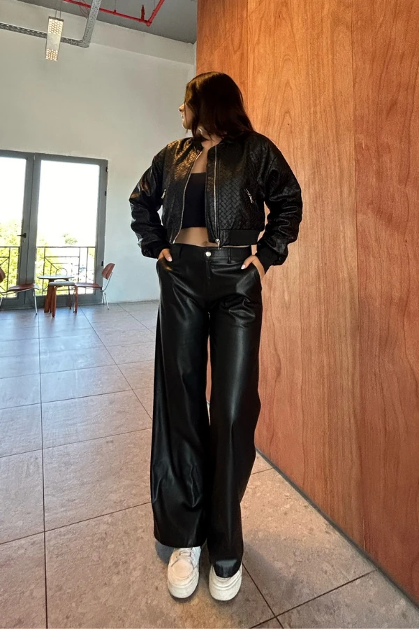 Siyah palazzo deri pantalon