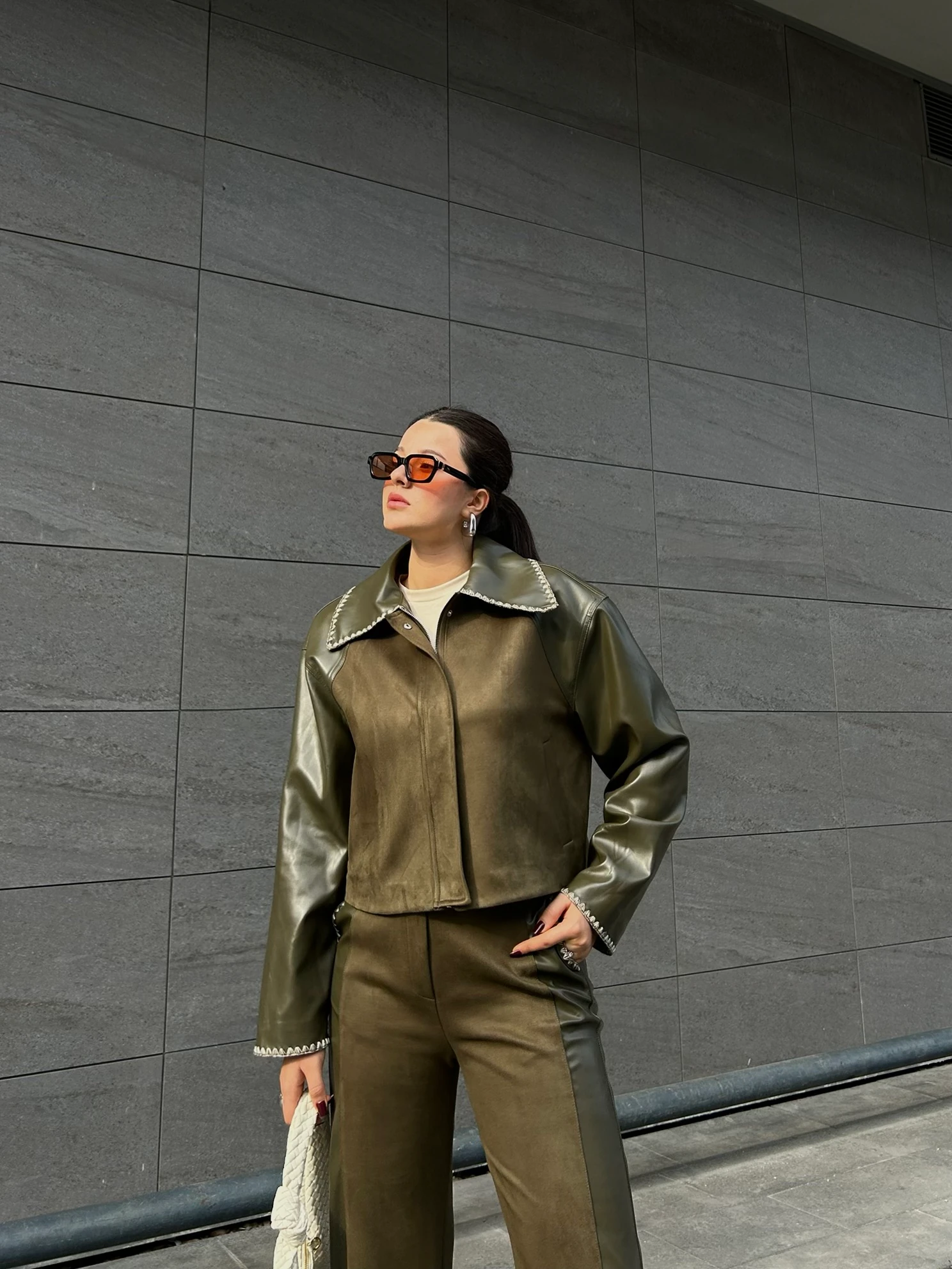 Haki deri süet yaka detaylı ceket