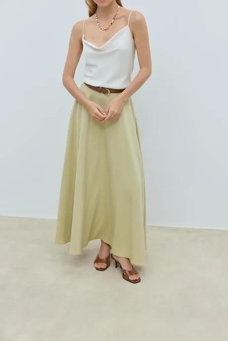 Yeşil volanlı tencel etek