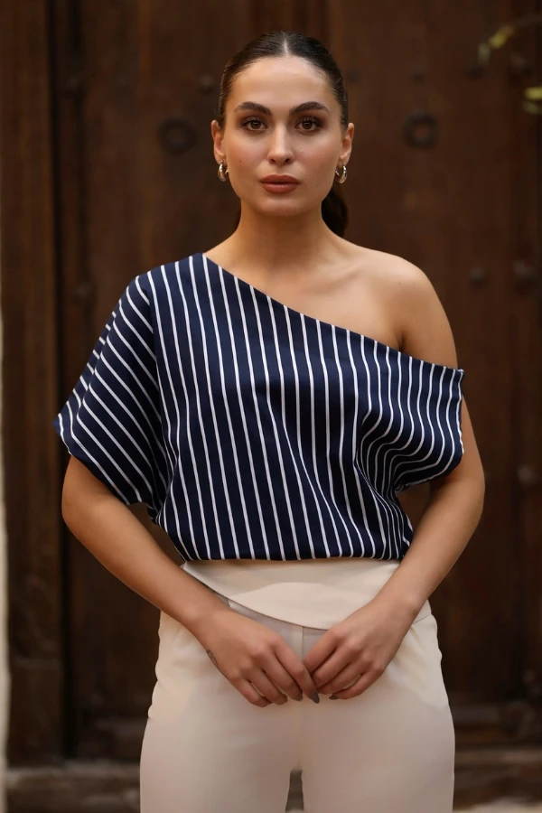 Çizgili Tek Omuz Bluz