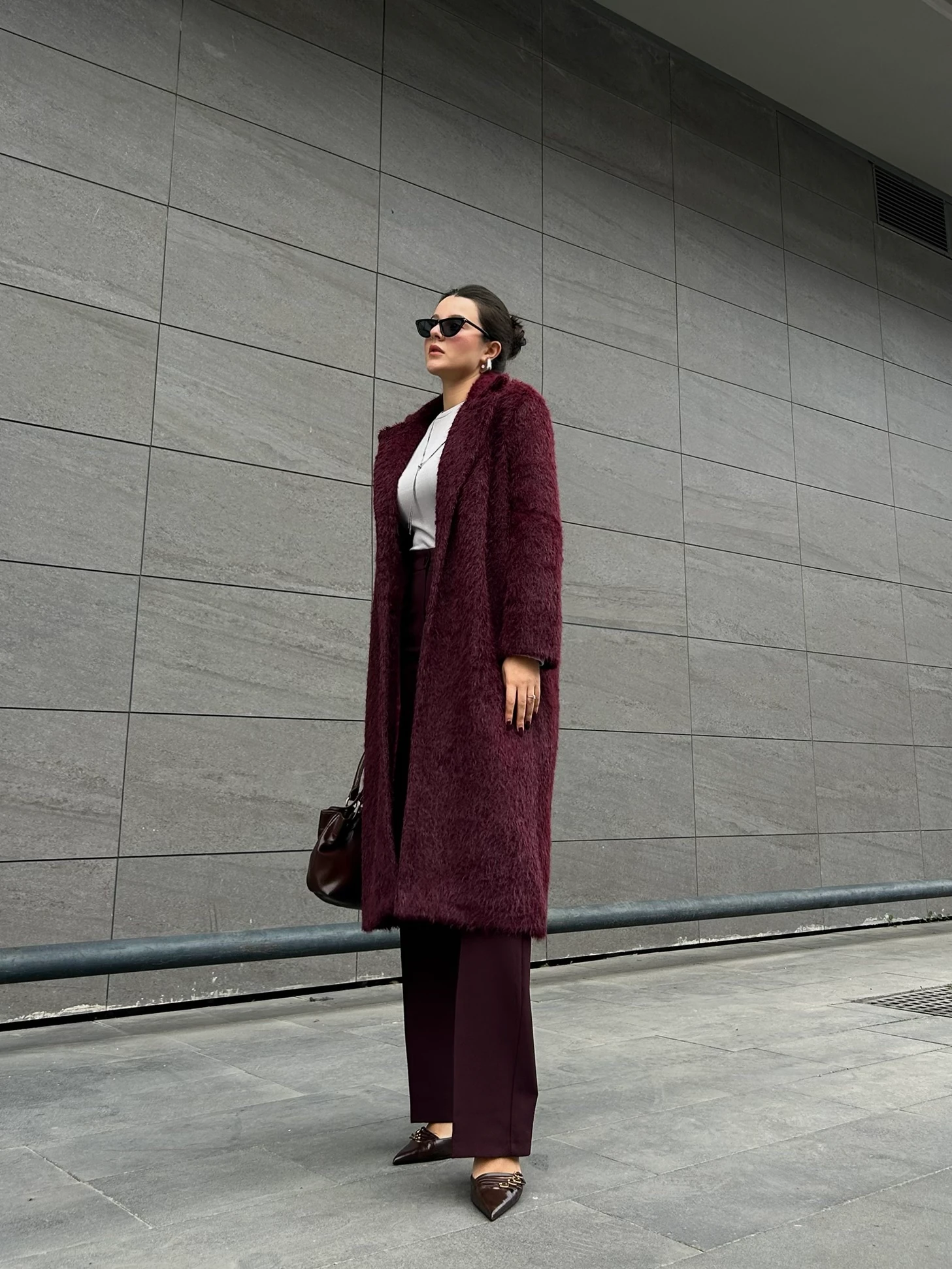 Bordo oversize peluş kaban