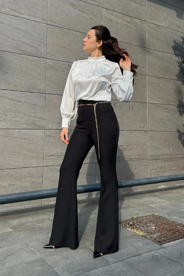 Siyah ispanyol zincir kemerli pantolon