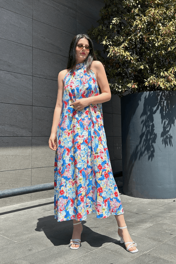 Halter yaka çiçekli midi elbise 