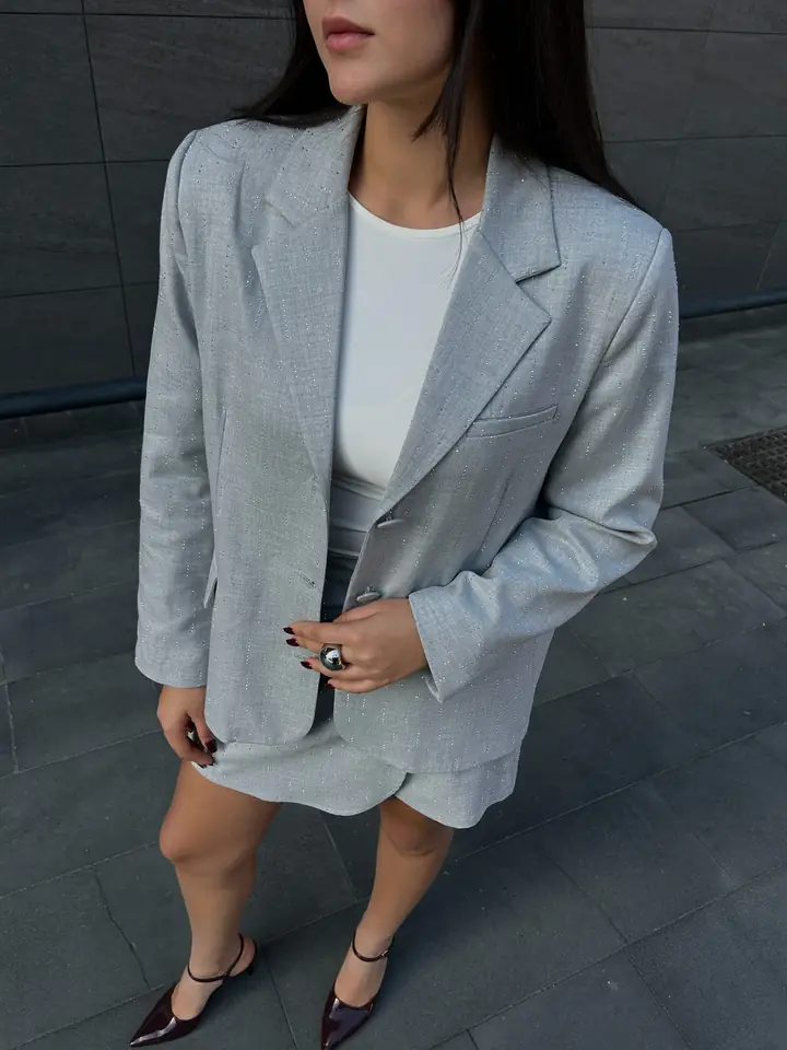 Gri taşlı blazer ceket