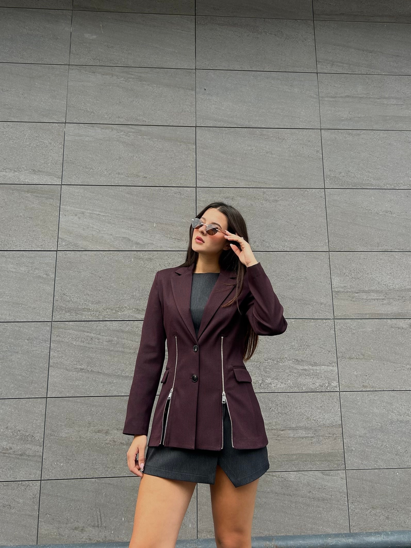 Bordo fermuarlı blazer ceket