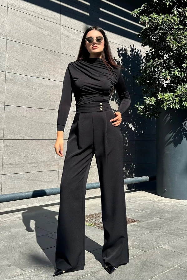 Gold düğmeli palazzo pantolon