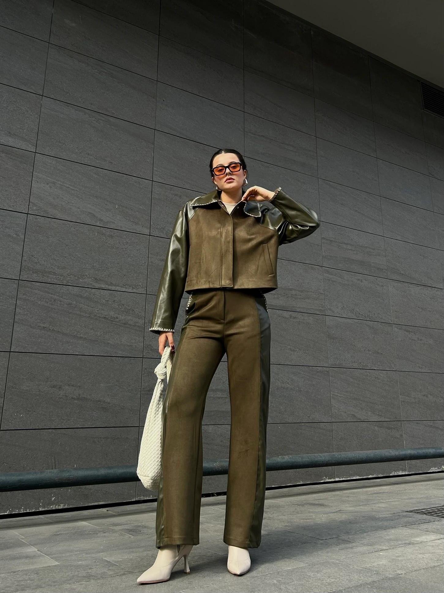 Haki deri süetli pantolon