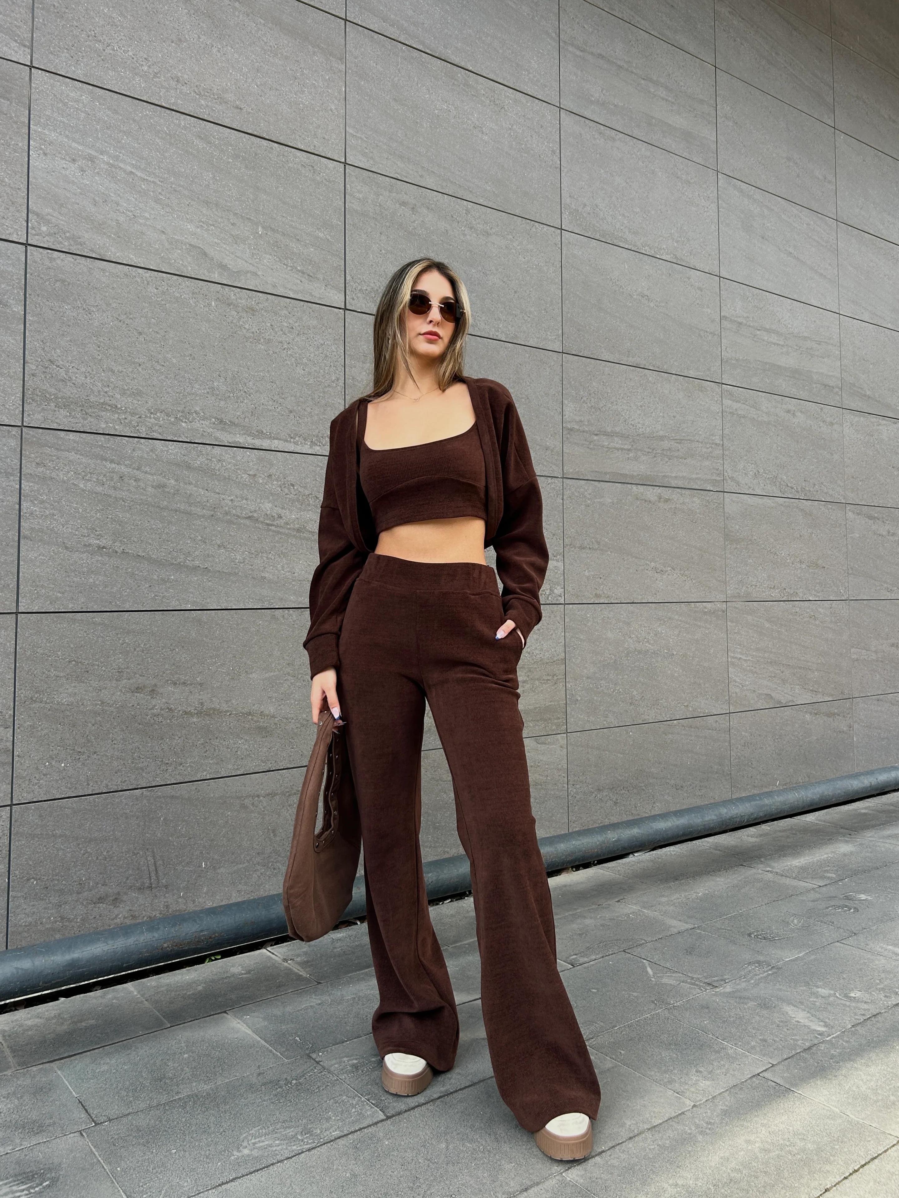 Kahverengi kadife balero takım