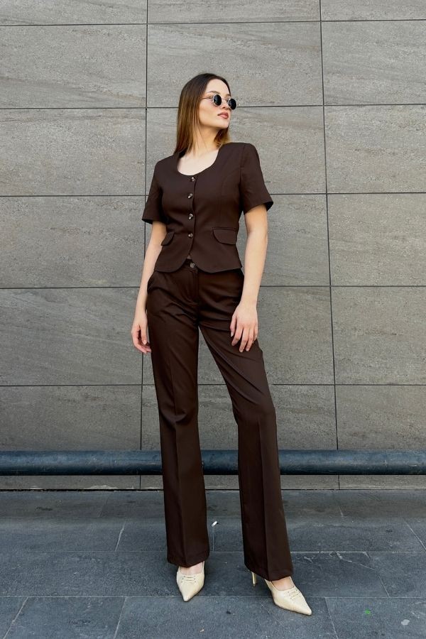 Kahve kısa kol vatkalı blazer ceket