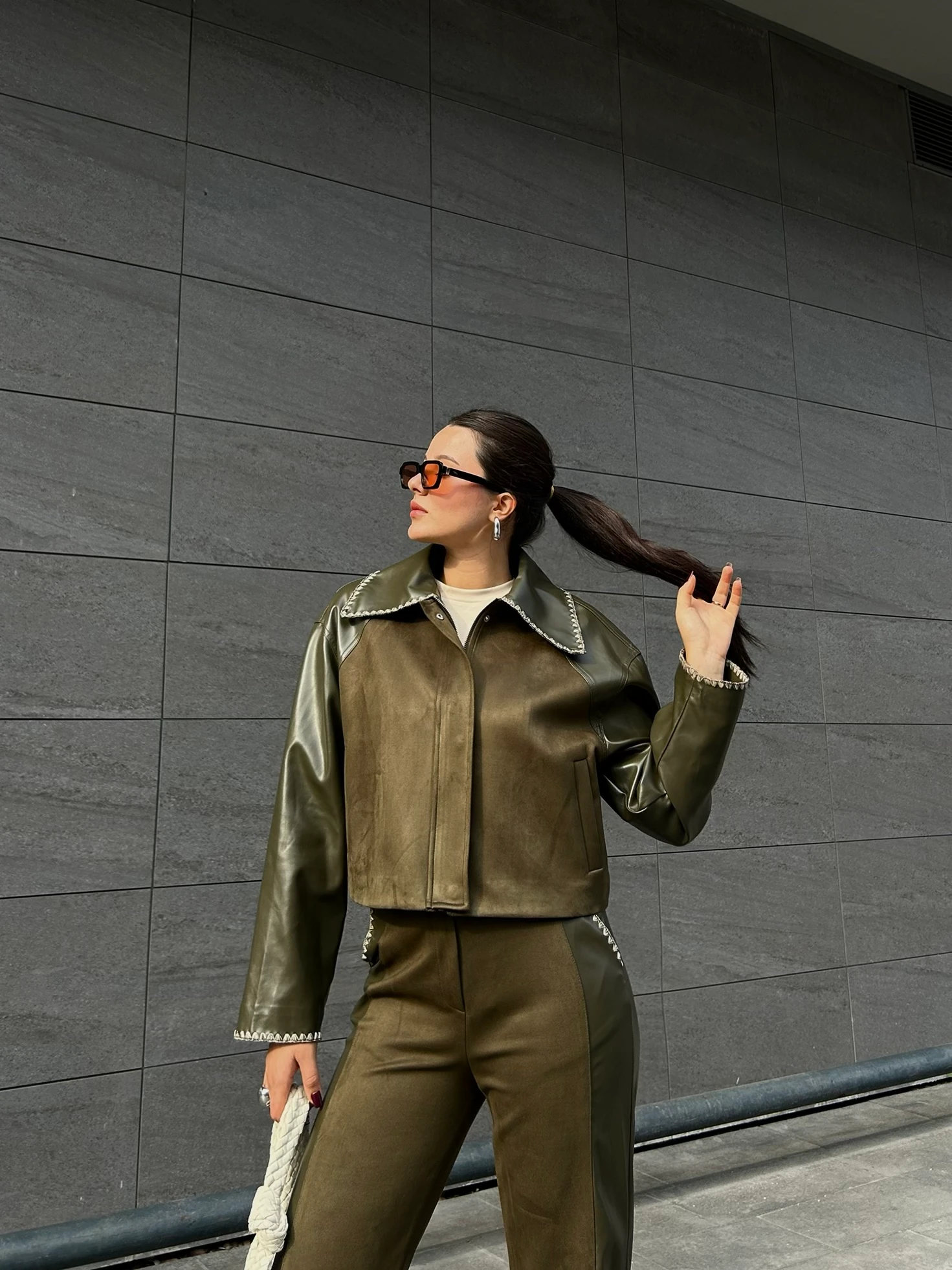 Haki deri süet yaka detaylı ceket