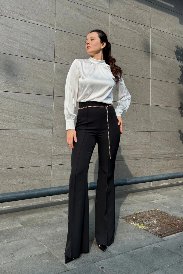 Siyah ispanyol zincir kemerli pantolon