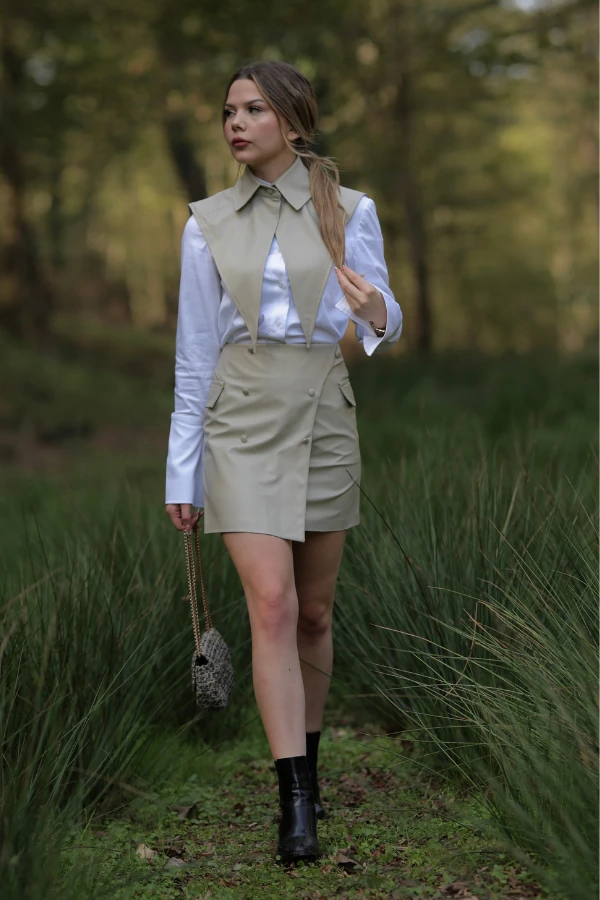 Bej düğmeli deri Etek