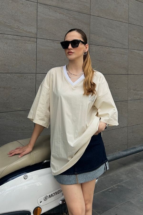 Bej oversize paraşüt kumaş tişört