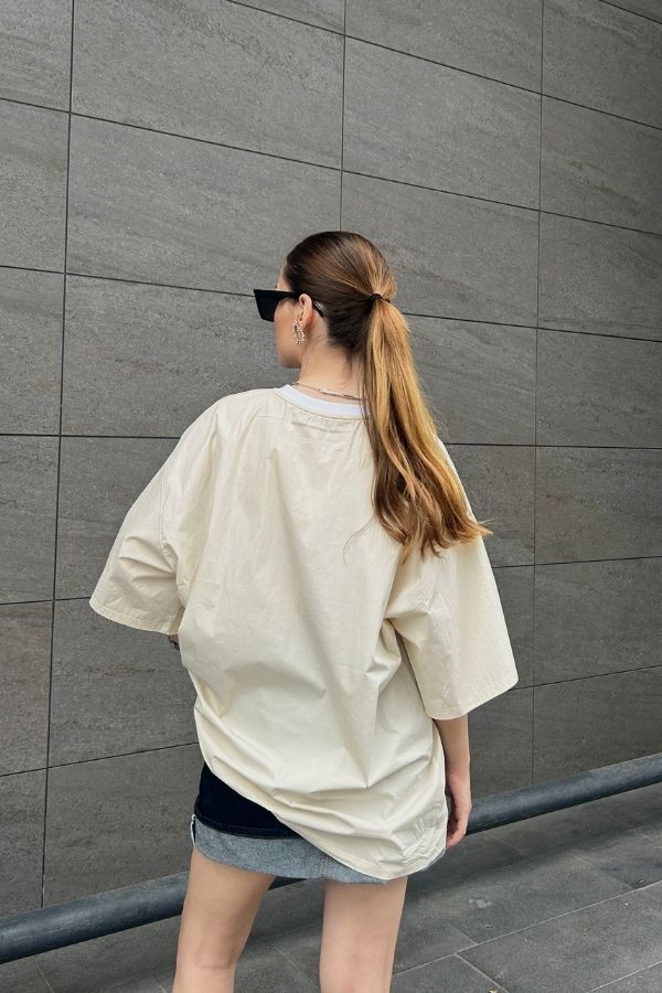 Bej oversize paraşüt kumaş tişört
