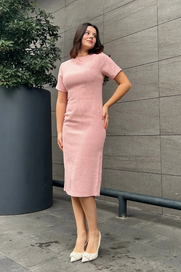 Pembe tüvit midi elbise