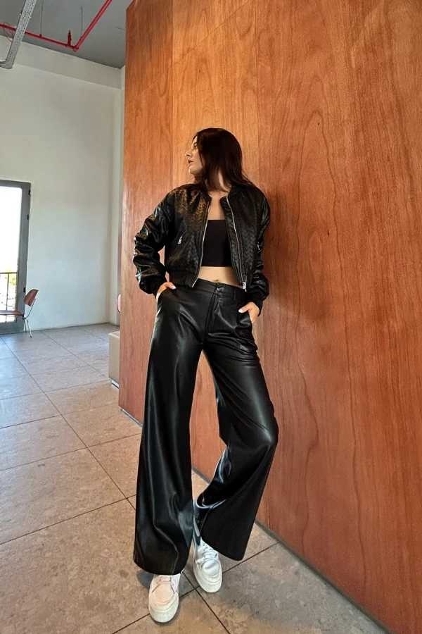 Siyah palazzo deri pantalon