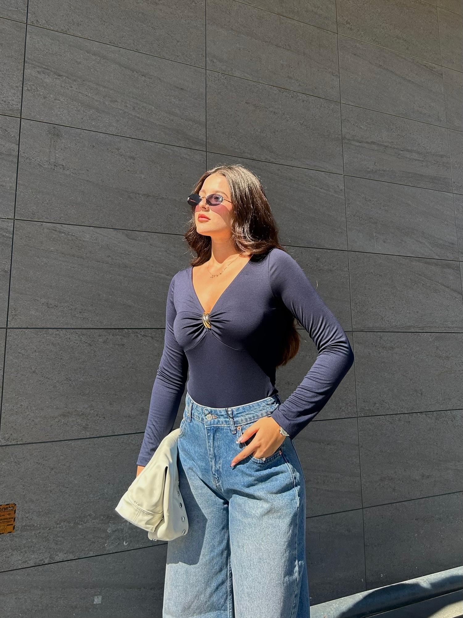 Lacivert önü büzgülü bodysuit