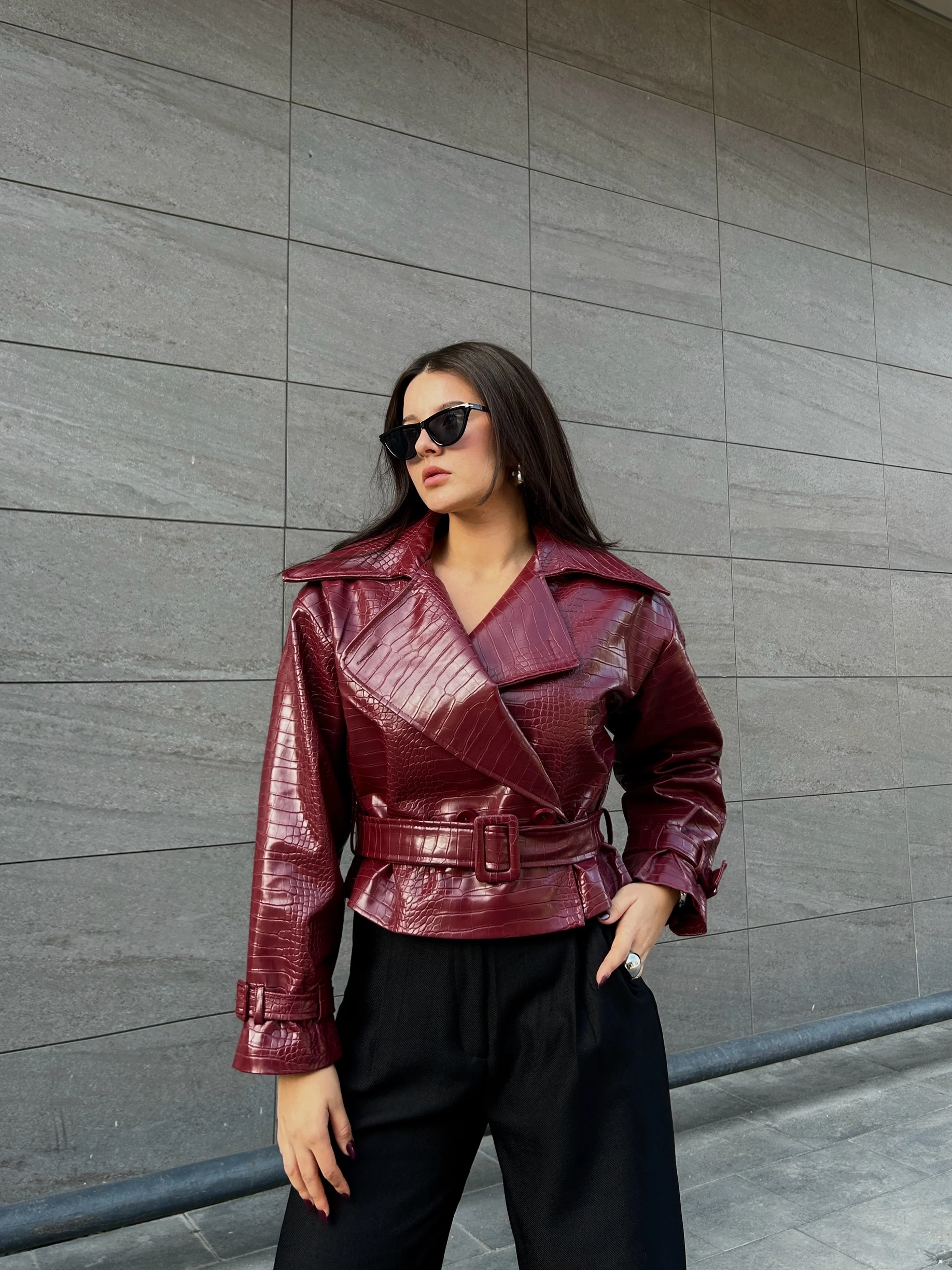 Bordo kroko deri ceket