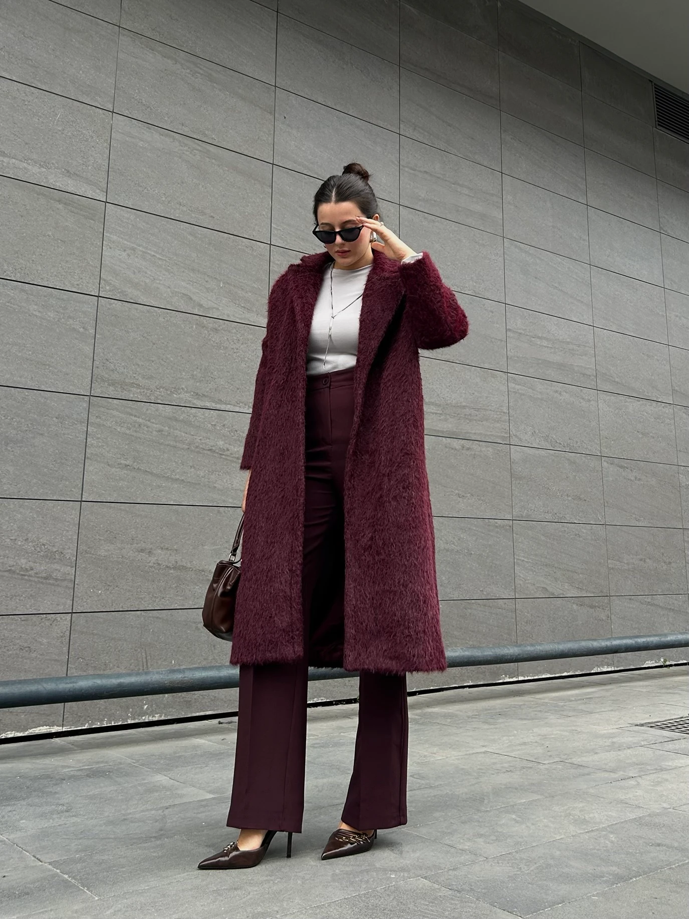 Bordo oversize peluş kaban