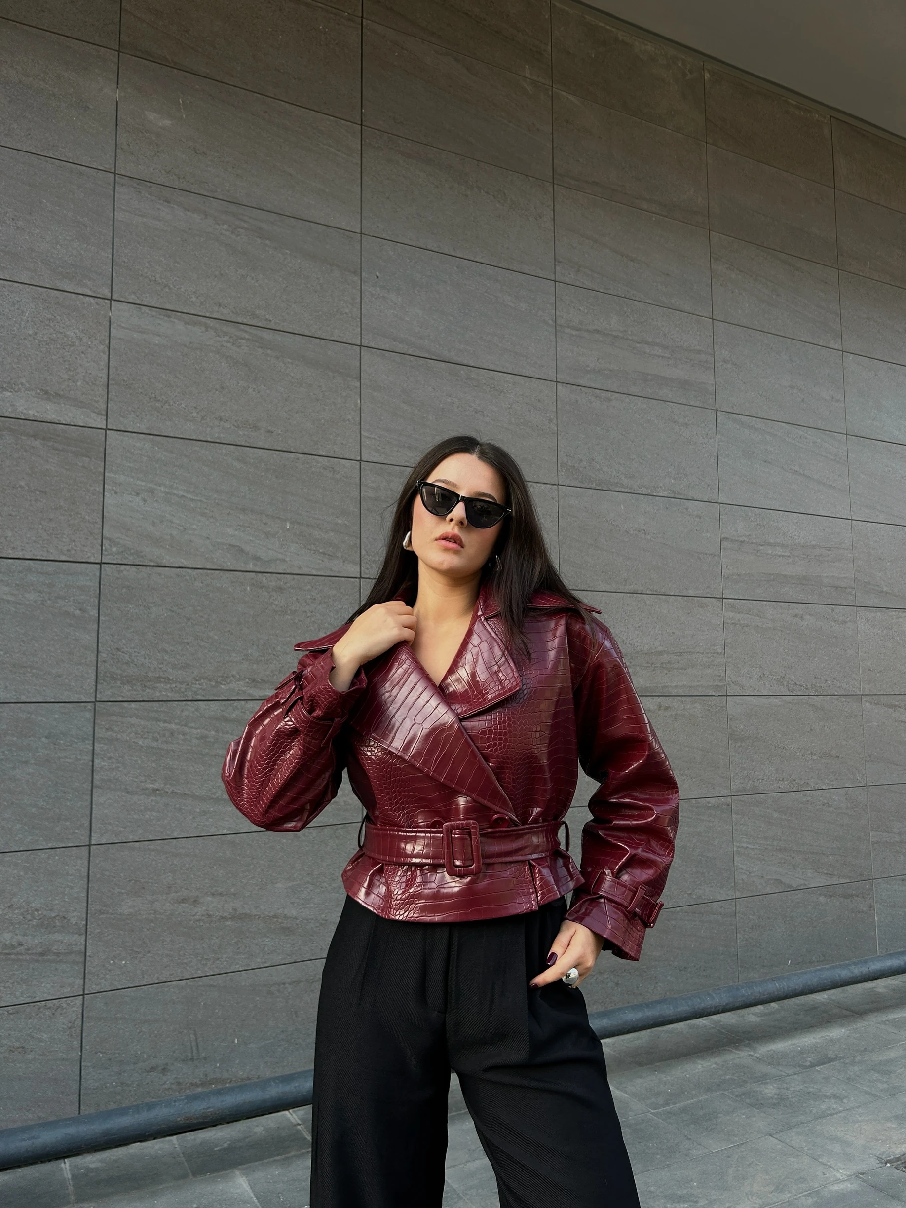 Bordo kroko deri ceket