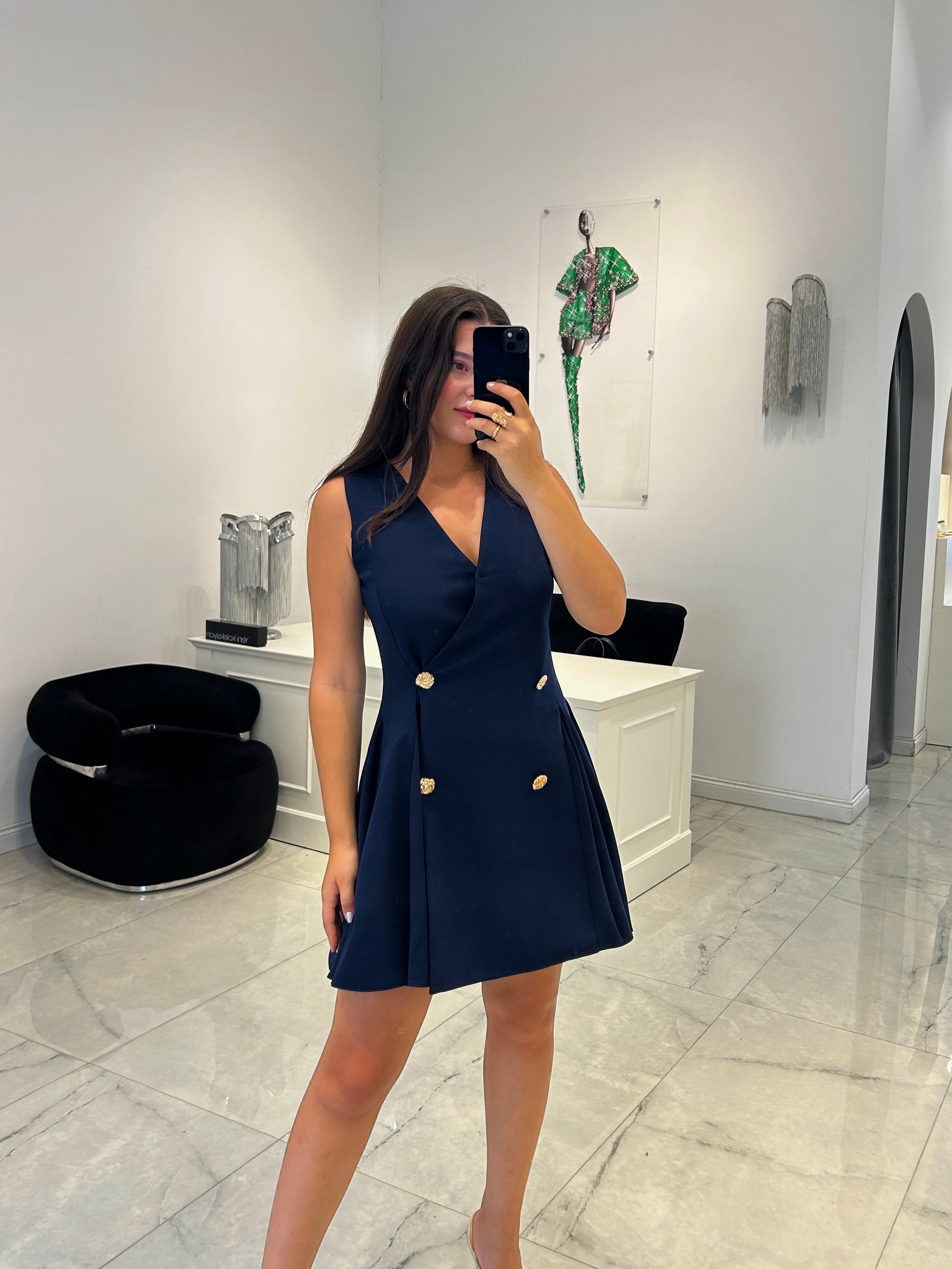 Lacivert gold düğmeli mini elbise