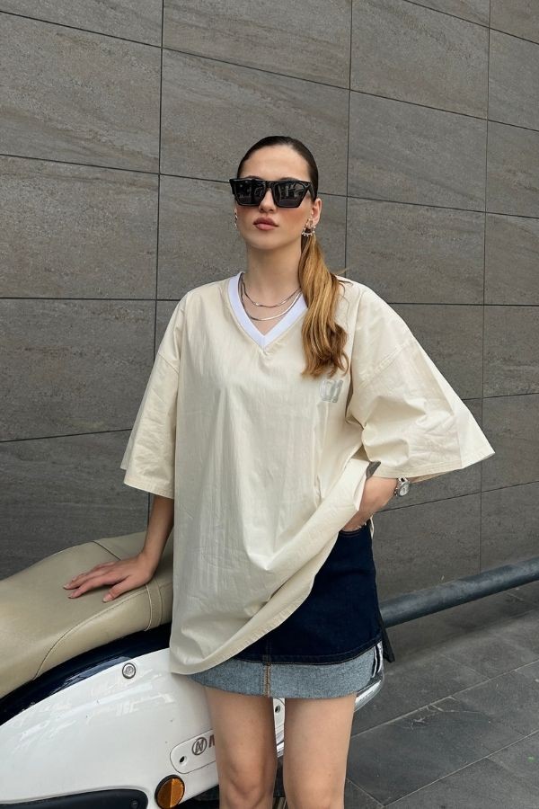 Bej oversize paraşüt kumaş tişört