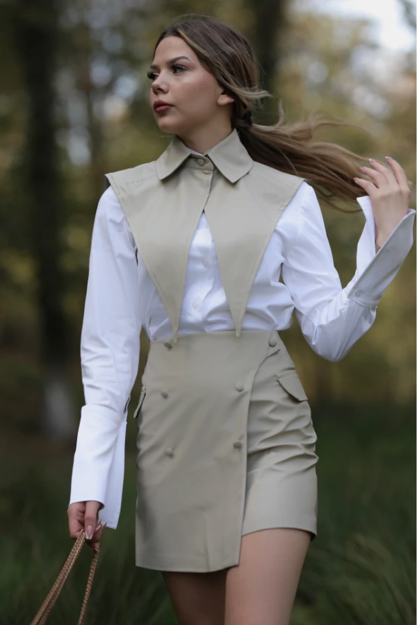 Bej düğmeli deri Etek