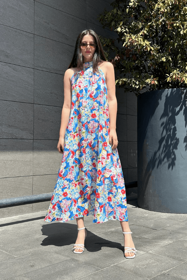 Halter yaka çiçekli midi elbise 