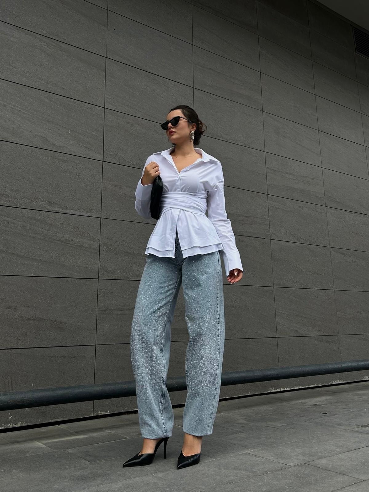 Taşlı geniş paça jean