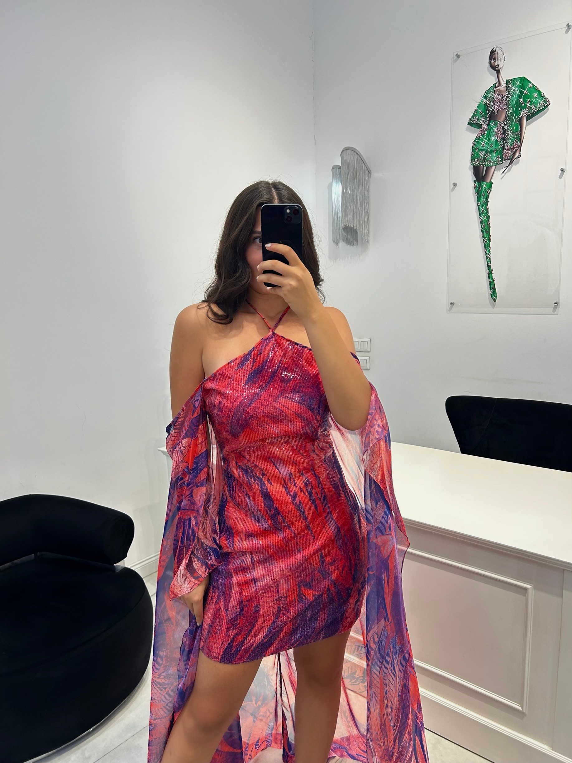 Pembe desenli payetli mini elbise 