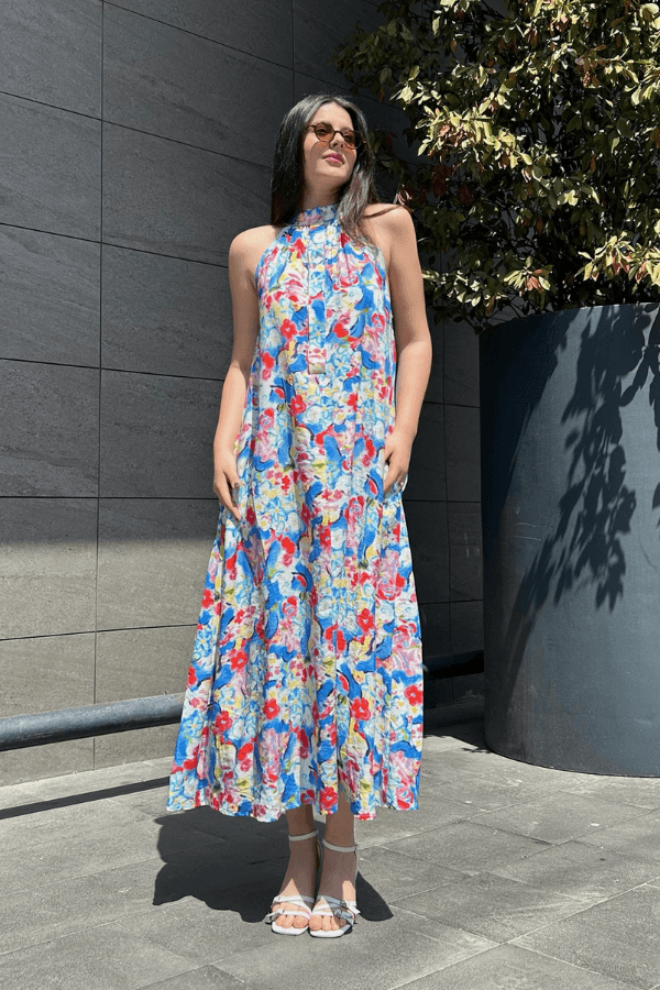 Halter yaka çiçekli midi elbise 