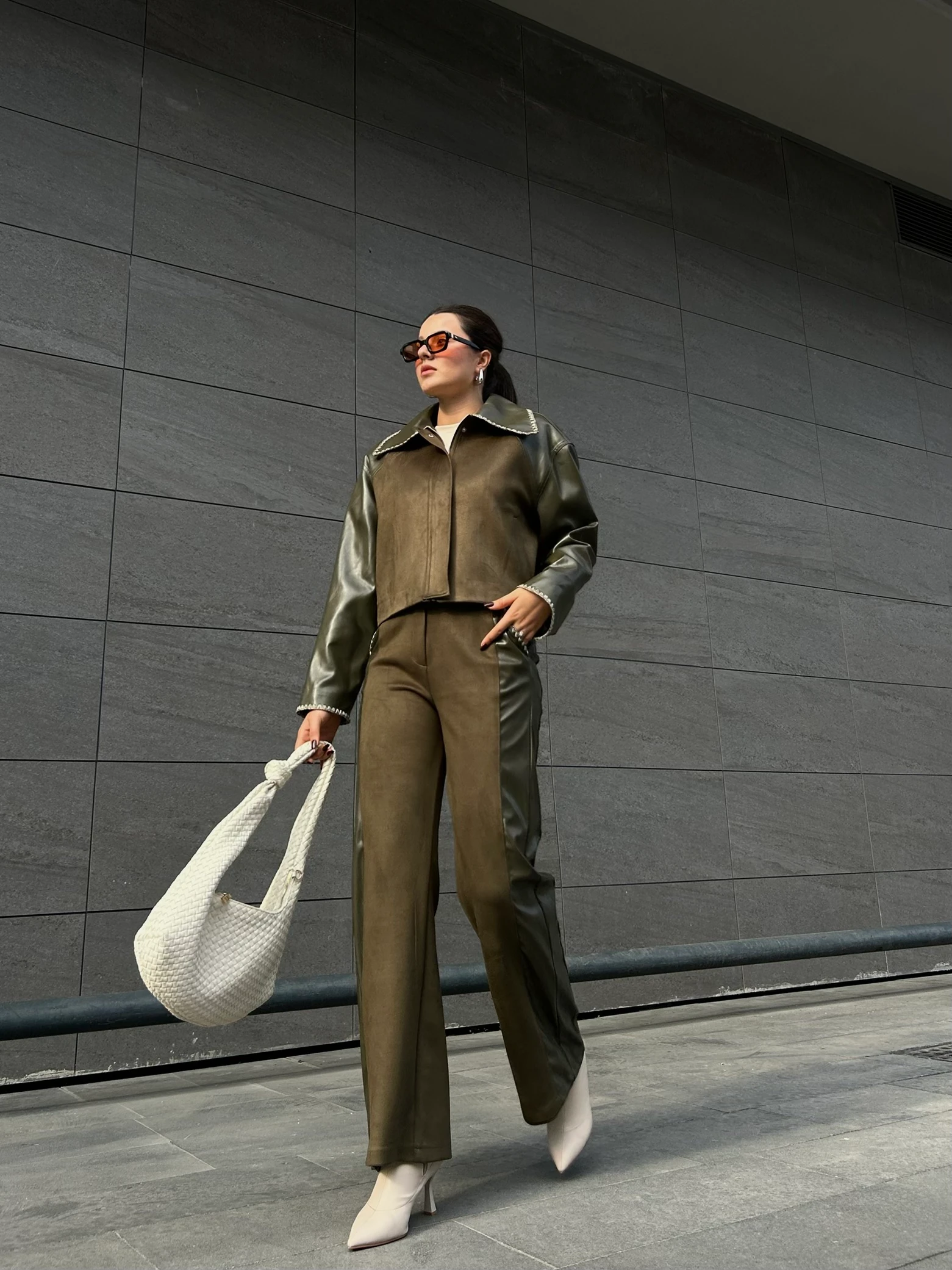 Haki deri süetli pantolon