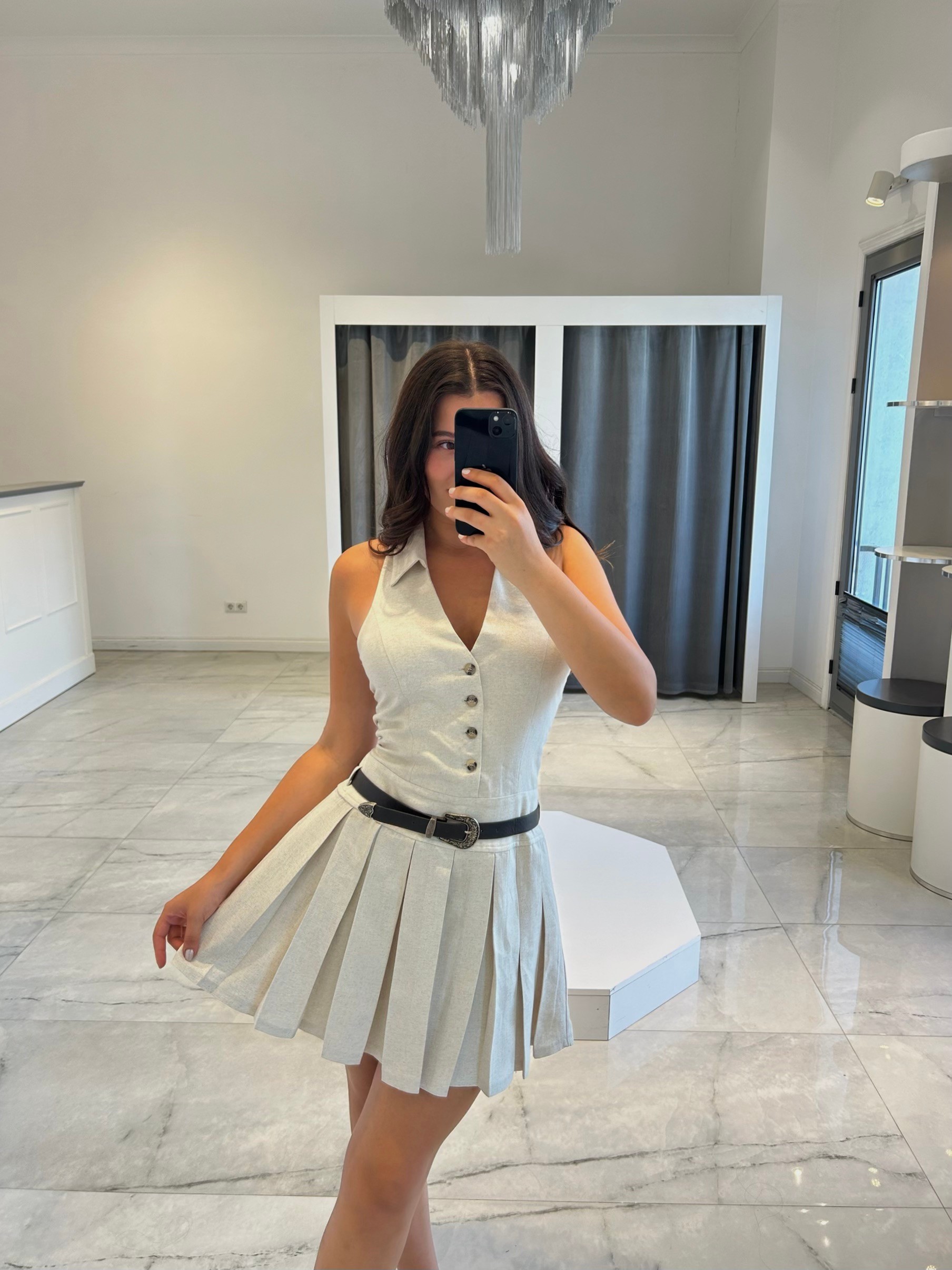 Krem halter yaka keten mini elbise
