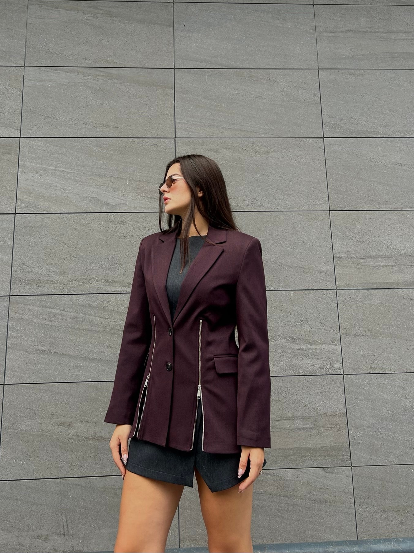Bordo fermuarlı blazer ceket