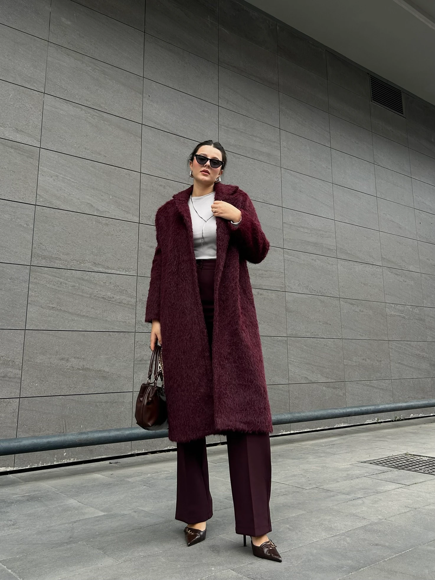 Bordo oversize peluş kaban
