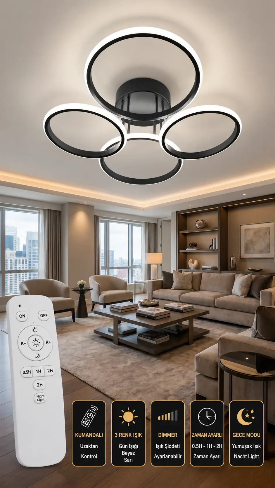 4 Lü Yuvarlak Siyah Modern Plafonyer Led Avize