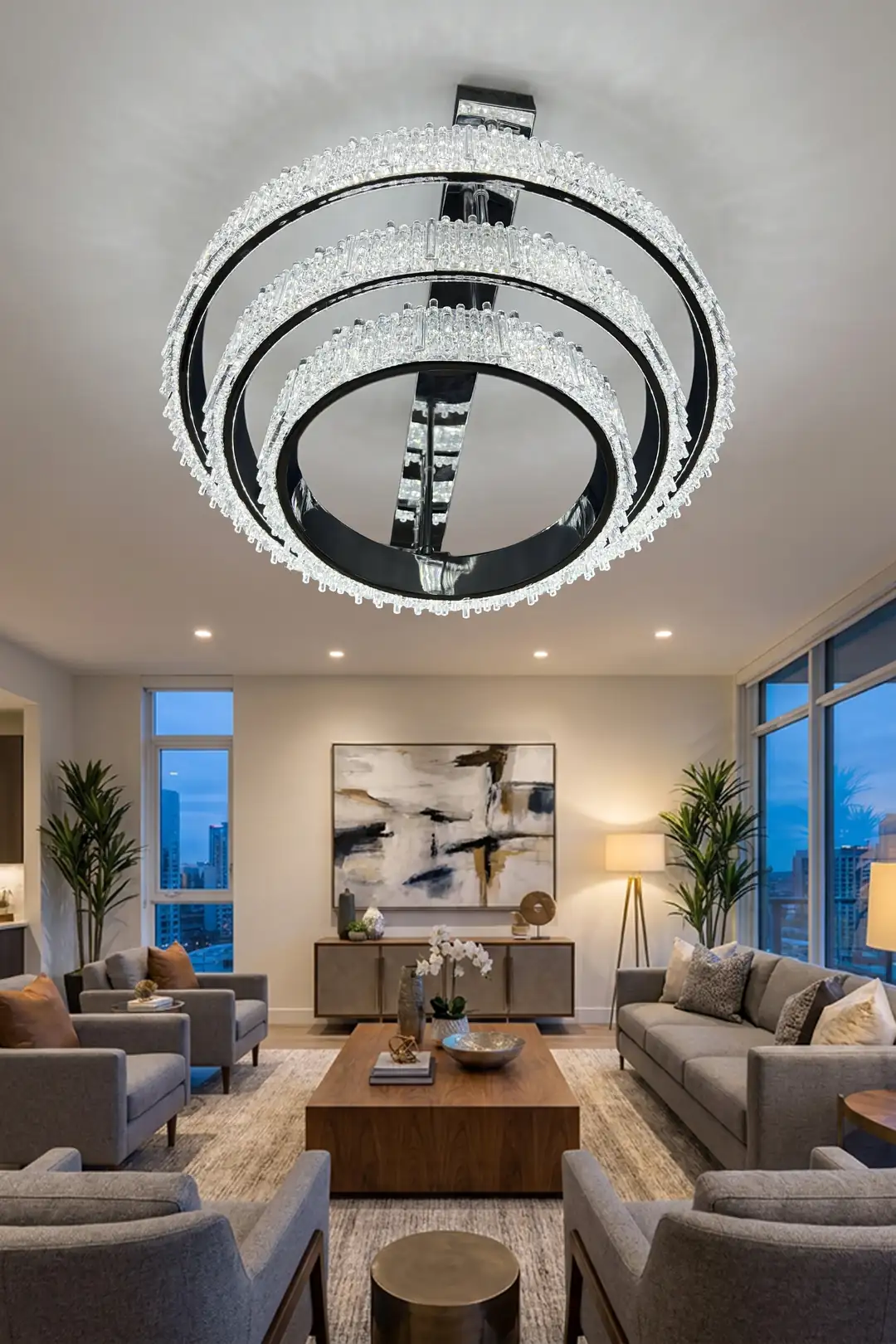Aura 3 Katlı Kristal Halka LED Salon Avizesi | Modern Taşlı Avize | 3 Renk Işık |