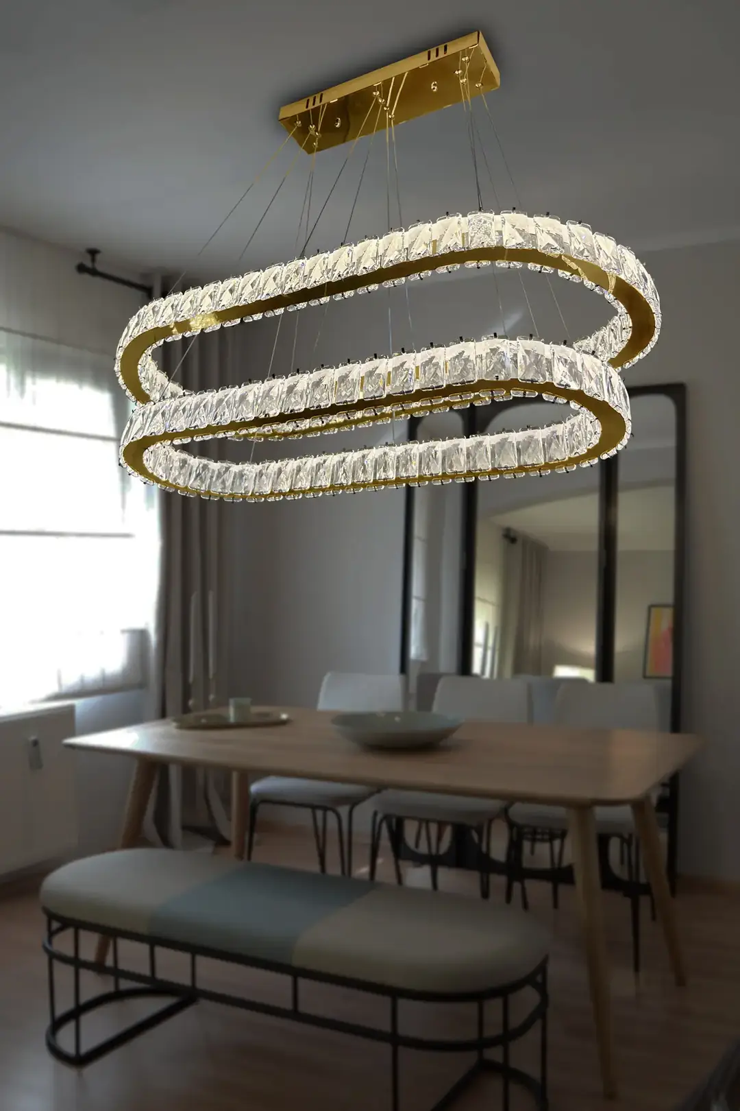 2 Katlı Masa Üstü Kristal Taşlı Modern Led Avize