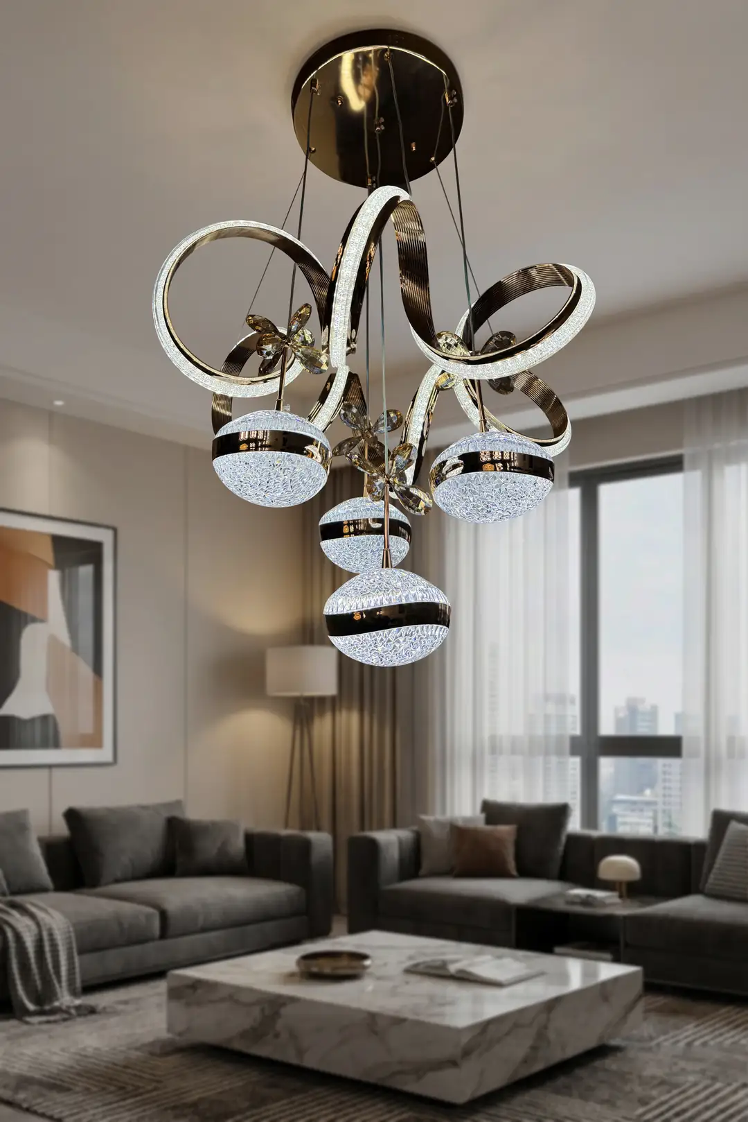 Kıvrım 4 Top Simli Modern Sarkıt Salon - Oturma Odası Led Avize