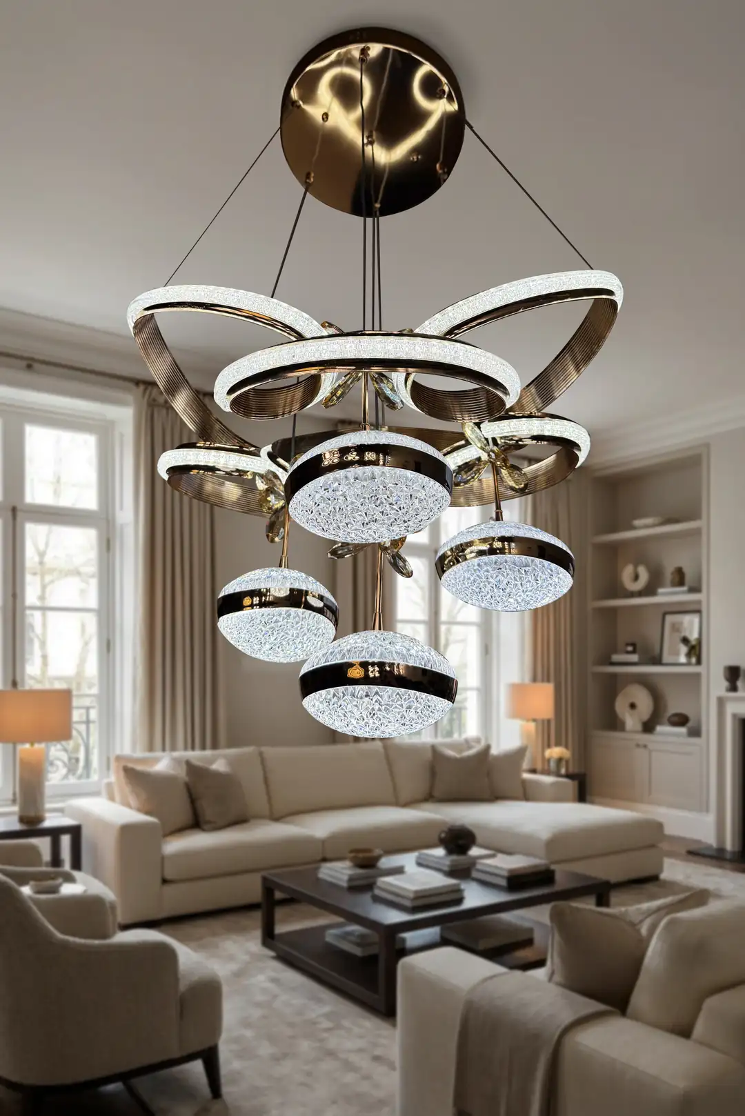 Kral Tacı Simli 4 Top Modern Sarkıt Salon - Oturma Odası Led Avize