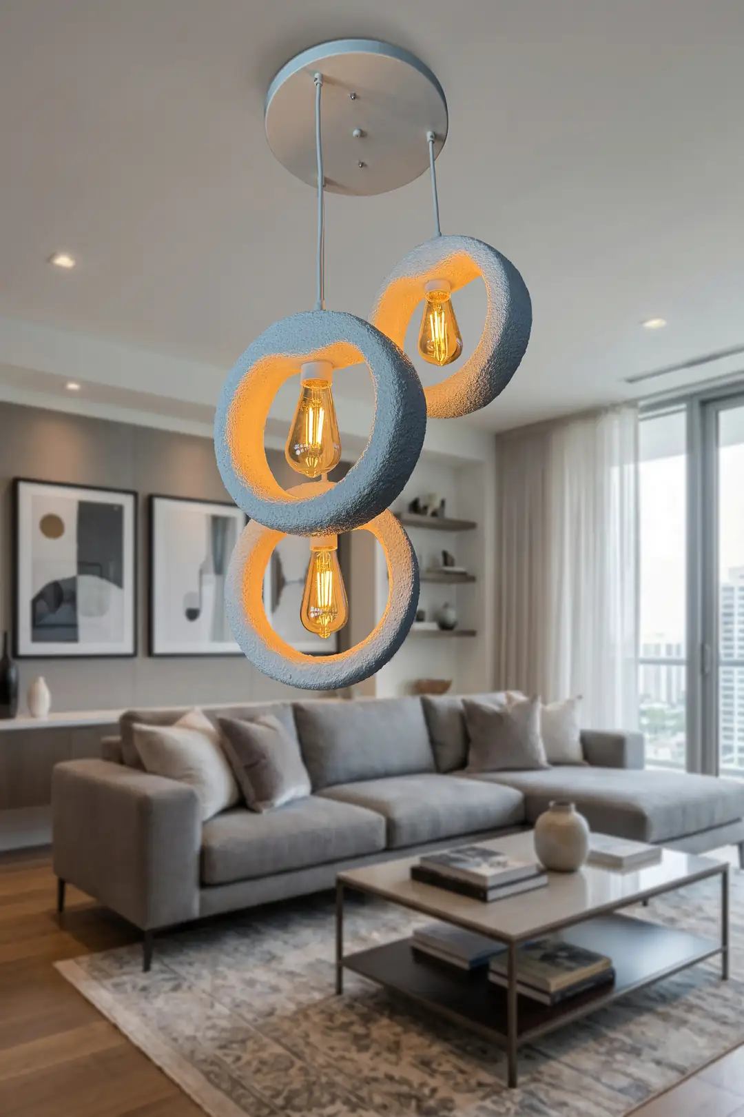 Terra 3’lü Halka Sarkıt Avize – Beton Görünümlü Modern Bohem Salon Modeli