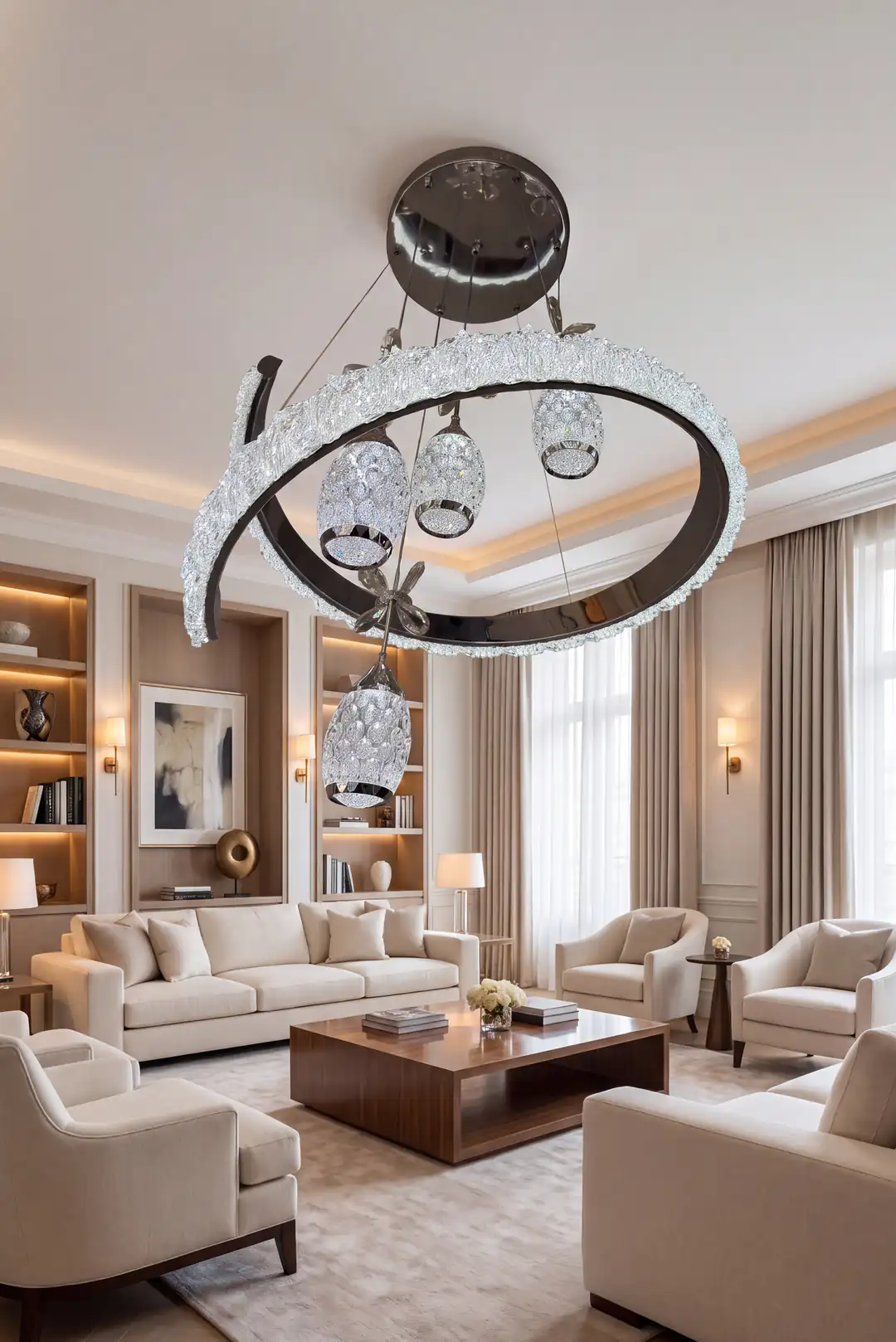 Vega 4 Top Kristal LED Sarkıt Salon Avizesi Modern Halka Tasarım