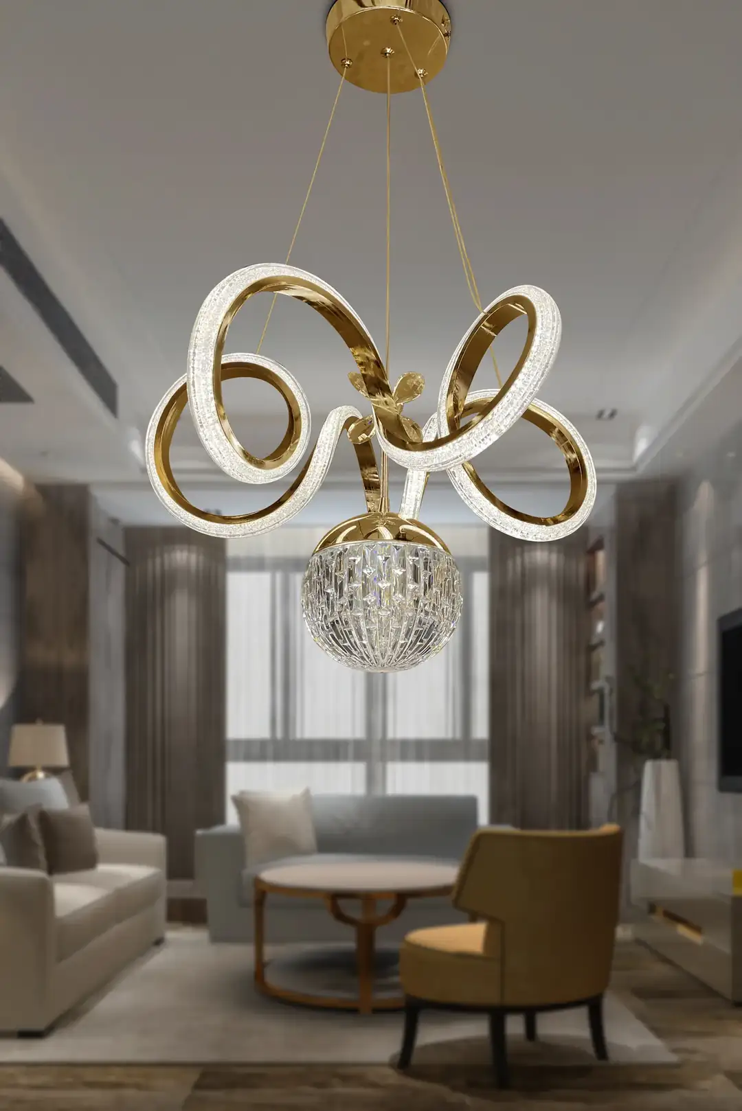 Kıvrım Kristal Top Simli LED Avize – Modern Oda Avizesi