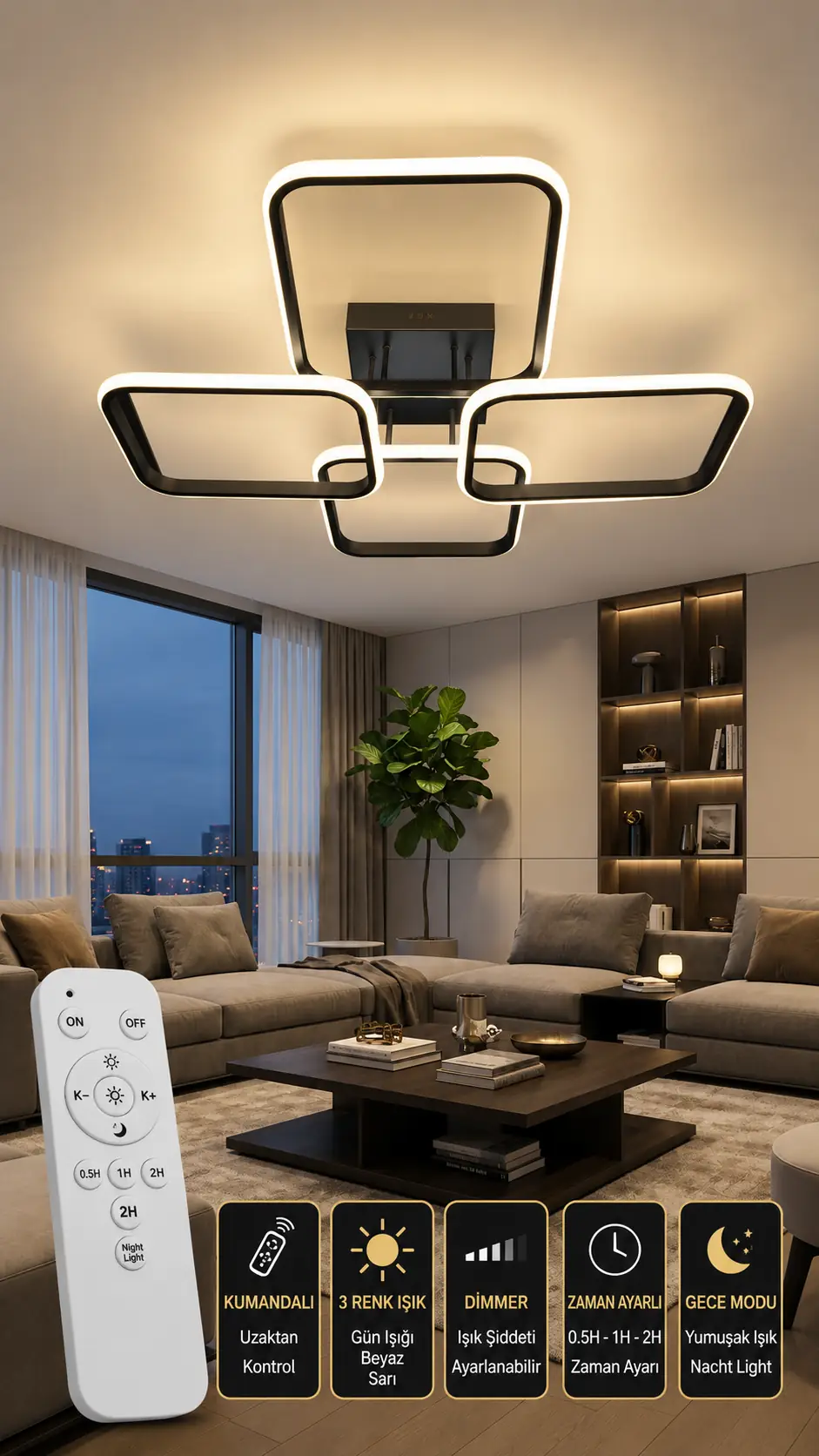 4 Lü Dikdörtgen Siyah Modern Plafonyer Led Avize
