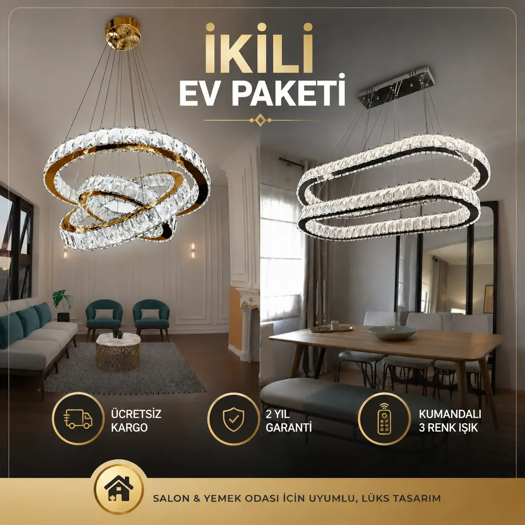 SET01 - 2'li Taşlı Avize Ev Aydınlatma Seti