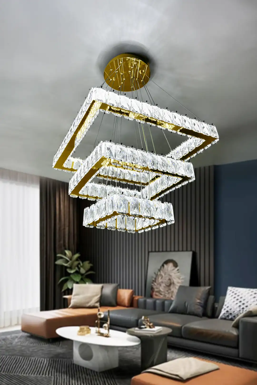 Kare 3 Kat Kristal Taşlı Modern LED Avize – Salon & Oturma Odası – 3 Renk – Ayarlanabilir Kablo
