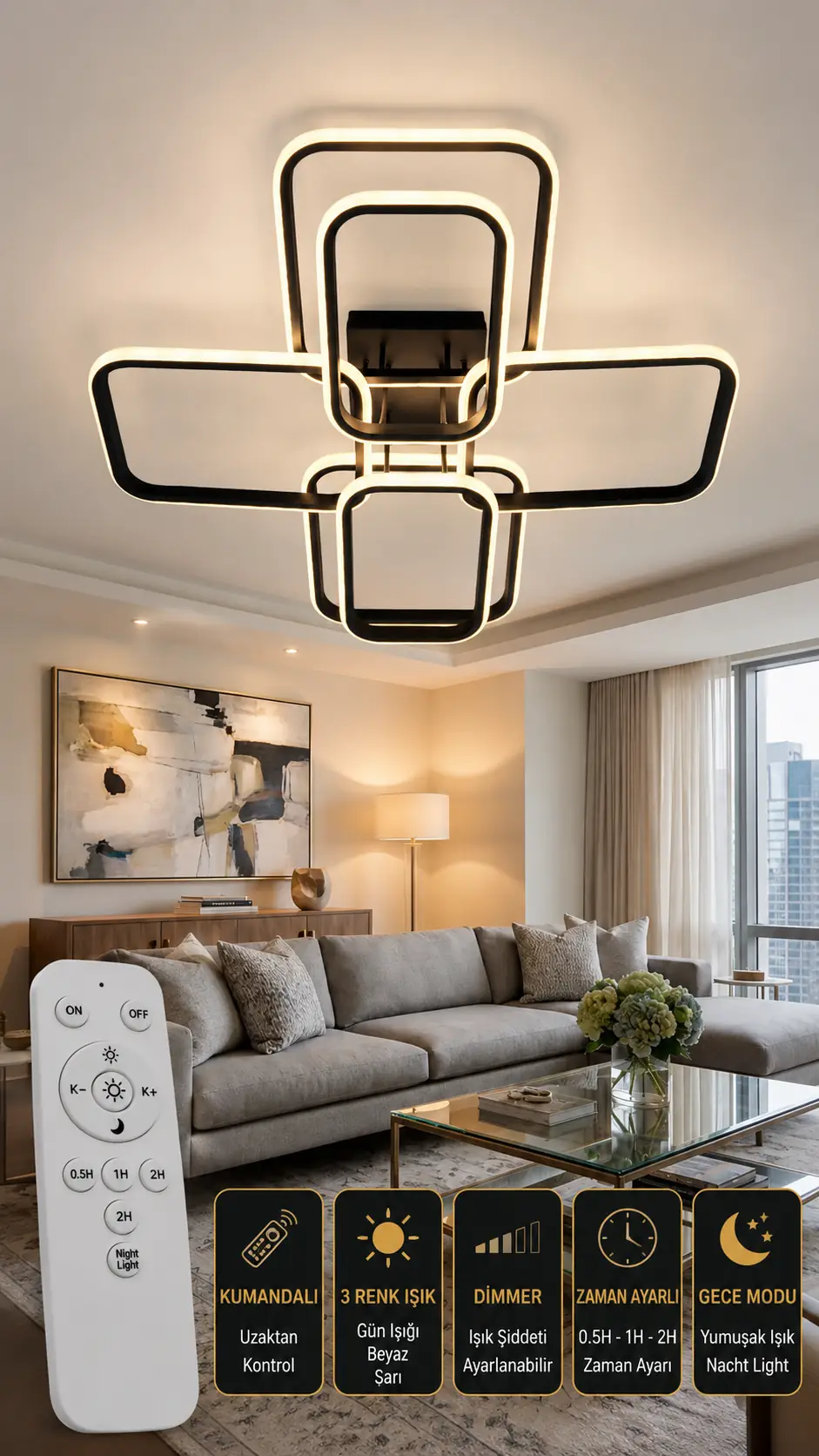 6'lı Dikdörtgen LED Plafonyer Avize Siyah Kasa 3 Renk Modern Salon Avizesi