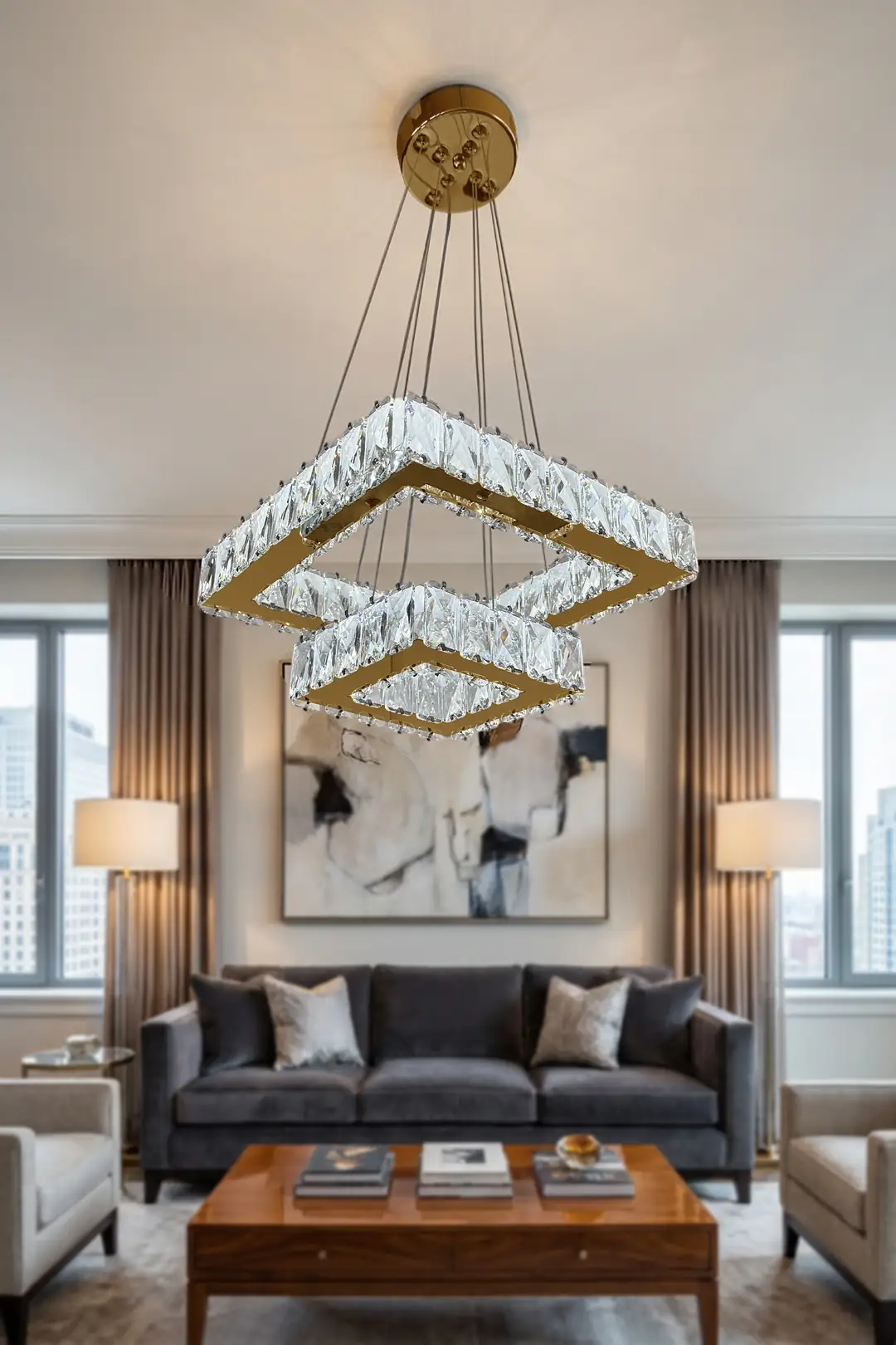 2 Katlı Kare Kristal Modern Sarkıt Led Avize