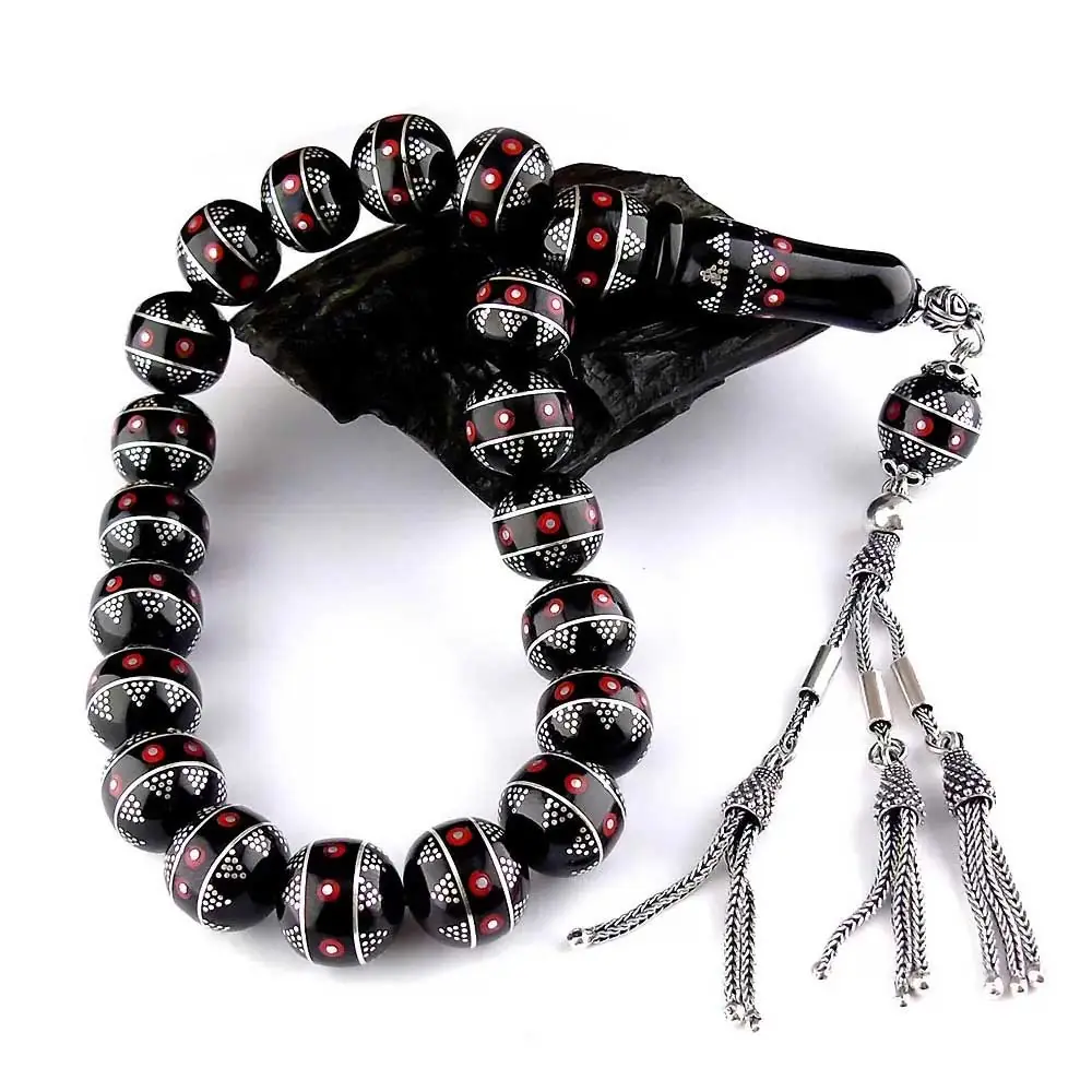 Silver Coral Engraved Koleksiyonluk 17 li Erzurum Oltu Stone Efe Stres Prayer Beads